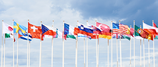Internationale Flaggen, die nebeneinander stehen und im Wind wehen