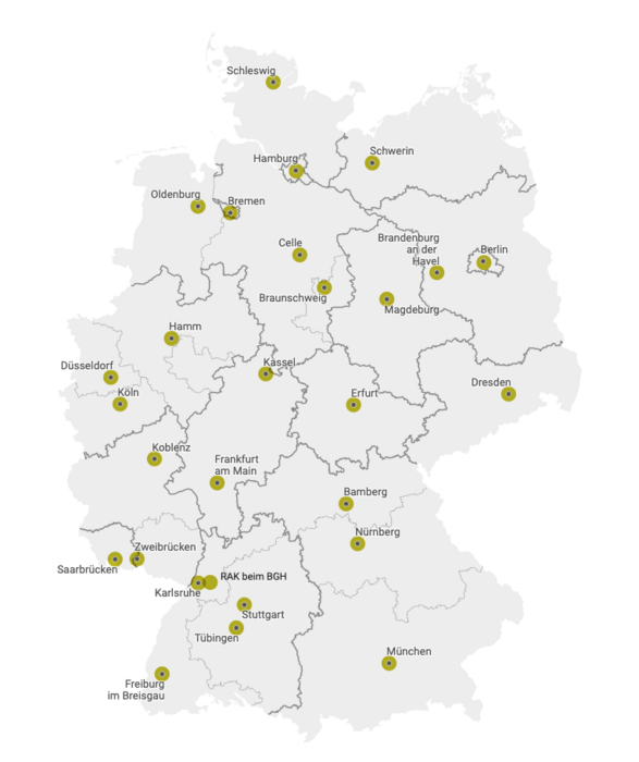 Bild von Deutschland mit Markierungen für die regionale Verortung der Rechtsanwaltkammern